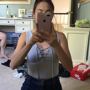 grayish blue lace up tank